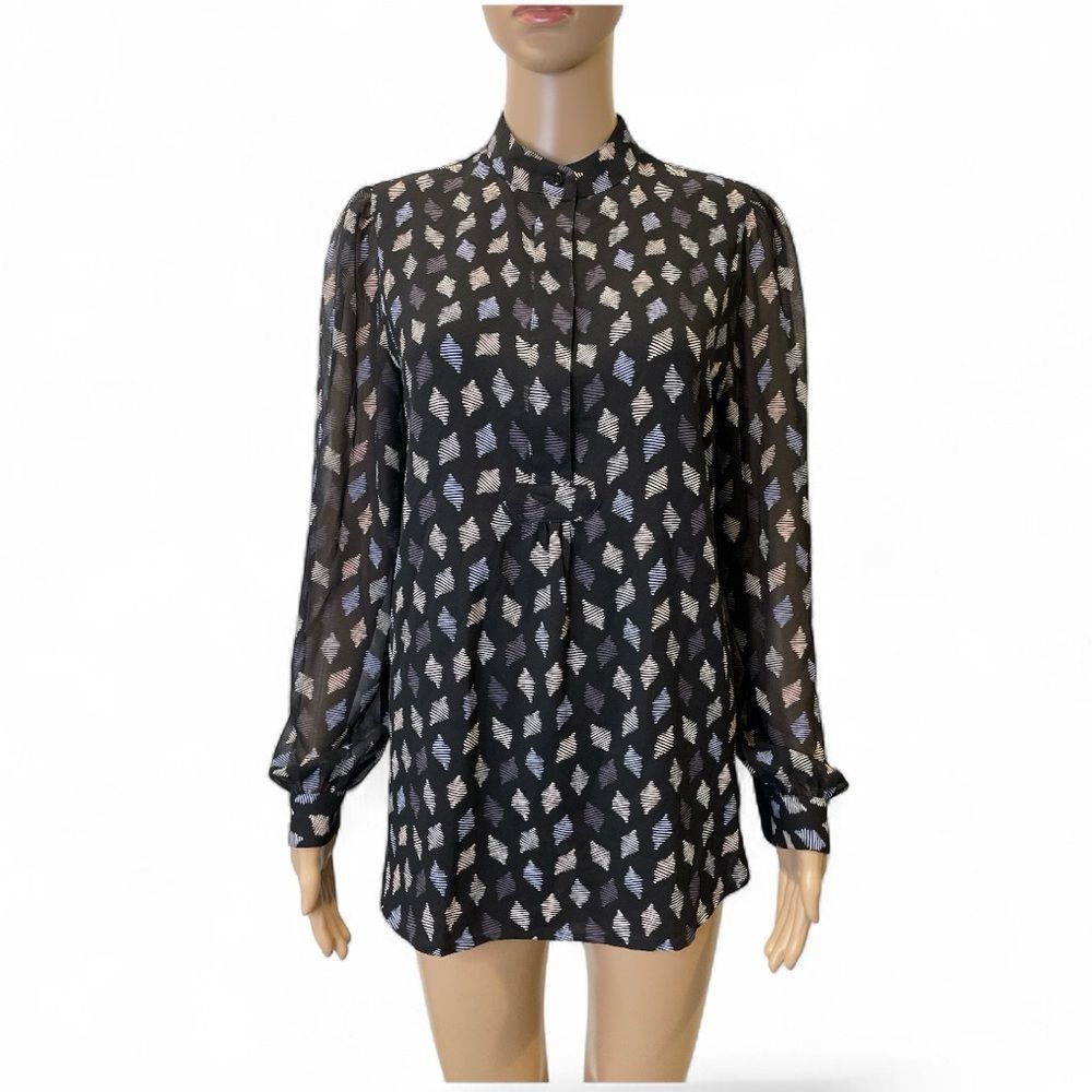 Anne Klein Printed Mesh Blouson Top Black/Peacock Blue Combo size S